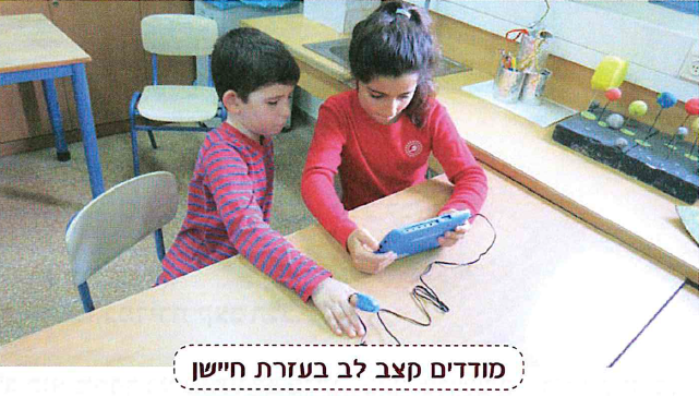(בספר תמונה:) מודדים קצב לב בעזרת חיישן.